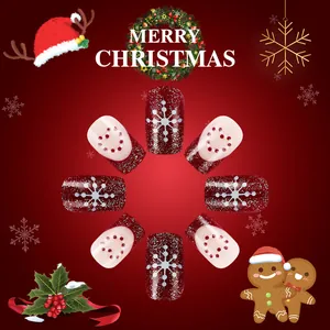 Short square Christmas press-on nails with red and white glitter gingerbread patterns