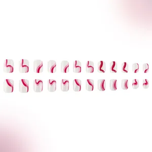 Short square press-on nails set with white base and elegant pink wave patterns, 24 pieces