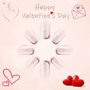 Short glossy Valentine heart press-on nails with French white tips and pink glitter accents