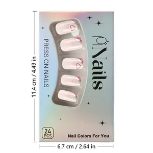 Detailed packaging of 24 pieces short glossy press-on nails with heart and pink glitter