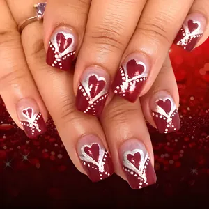 Red Heart French Press On Nails Silver Dot Pattern Medium Square Artificial Nails For Women Valentine's Day Gift Nail Art Kit