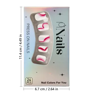 Short square press on nails set with white base and magenta wavy lines in laser box