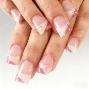 Valentine's Day Heart Pattern ABS Plastic Press On Nails French Tip Pink White Square Fake Nails For Women Party Beauty
