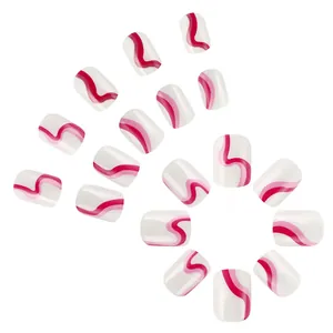 Short square press-on nails with white base and glossy rose red wavy line patterns