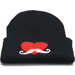 Unisex Winter Warm Knit Beanie Hat Heart Mustache Embroidery Soft Acrylic Cuff Skull Cap Outdoor Casual Sports Headwear