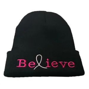 Black knit beanie with pink Believe embroidery and breast cancer awareness ribbon logo