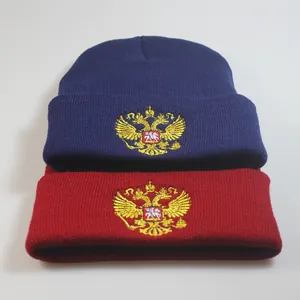 Bonnet en Tricot avec Broderie Armoiries Nationales Russes Bonnet à Revers en Acrylique Chaud pour Hommes Femmes Hiver
