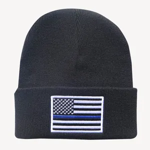 Unisex Strickmütze Mit Besticktem Thin Blue Line Amerikanische Flagge Aufnäher Winter Warm Beanie Acryl Totenkopf Kappe