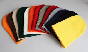 Flachbild von gerippten Strickmützen in zwölf verschiedenen Farben auf weißem Hintergrund
