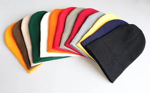 Nahaufnahme der gerippten Strickstruktur verschiedener bunter Beanie-Mützen im Set