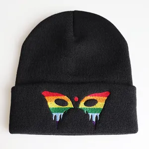 Rainbow Butterfly Embroidery Knit Beanie Hat Black Acrylic Warm Winter Ski Hat For Men Women Pride Month Fashion Pullover Cap