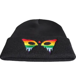 Black knit beanie with colorful rainbow embroidery in melting eye design for winter sports