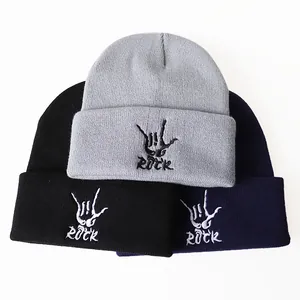 Winter knit beanies with ROCK embroidery in black, grey, and navy blue options