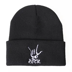 Unisex Rock Hand Embroidery Knit Beanie Hat Acrylic Warm Cuffed Winter Skull Cap For Men Women Hip Hop Streetwear