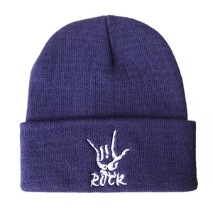 Dark purple ribbed knit beanie with white ROCK embroidery and rock hand sign symbol