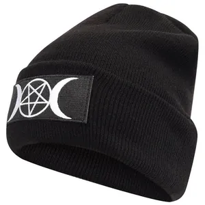 Goth Beanie Hat Embroidered Moon Pentagram Wicca Knit Hat Acrylic Hip Hop Winter Warm Slouchy Cuffed Skull Cap For Unisex
