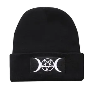 Black GOTH beanie featuring embroidered wicca triple moon and pentagram symbol