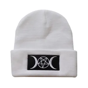 White knit GOTH beanie with black embroidered triple moon and pentagram star symbol
