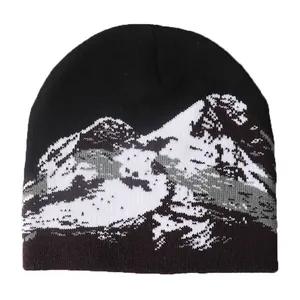 Gorro de punto negro de invierno para niños y adultos con jacquard de montañas nevadas