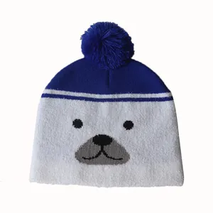 Toddler cartoon knit beanie with pompom and winter thermal striped design for ages 1-6