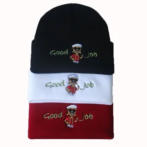 Strickmütze mit Good Job Cartoon-Stickerei in Schwarz, Weiß und Dunkelrot Farben