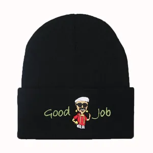 Schwarze Umschlagmütze mit Good Job Zeichentrick-Stickerei im minimalistischen Design