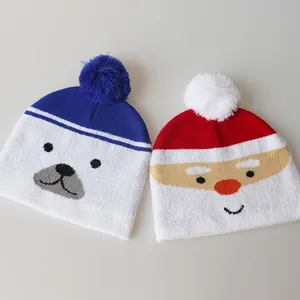 Kids winter knit hats with pompom, featuring polar bear and Santa Claus designs