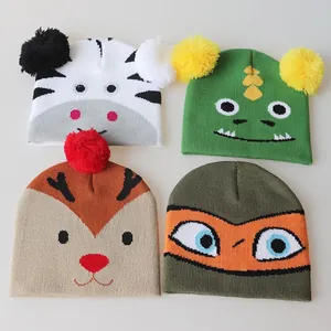Children's winter knit hats with cartoon animal patterns and pom-poms for 1-6 years