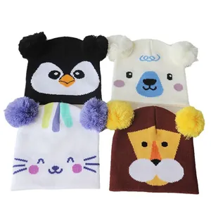 Set of four stretchy cartoon animal knit hats for kids with large colorful pom poms