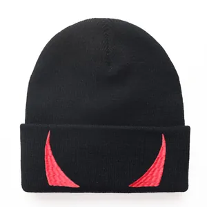Unisex Devil Horn Embroidered Beanie Hat Black Acrylic Knit Cuff Cap For Men Women Halloween Hip Hop Winter Warm Hat