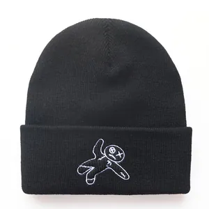 Black ribbed knit beanie with white ragdoll embroidery for outdoor winter warmth