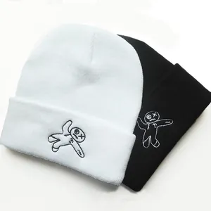 Unisex hip hop knit beanie featuring cute ragdoll embroidery in black and white colors