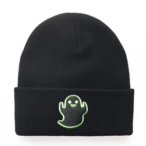 Black knit beanie with green ghost embroidery for autumn and winter outdoor warmth