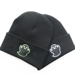 Ghost embroidery winter knit beanie hats in black for outdoor sports and warmth