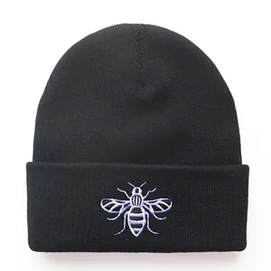 Unisex Bee Embroidery Knit Beanie Hat 100% Acrylic Warm Cuffed Winter Cycling Sports Skull Cap For Adults Teens