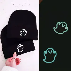 Ghost embroidery glow in the dark knitted beanie for outdoor winter cycling