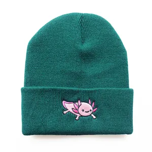 Dark green knitted beanie with cute pink axolotl embroidery for winter outdoor sports