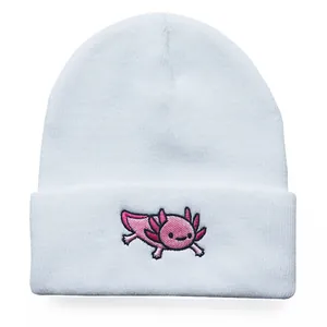 White knitted beanie with pink axolotl embroidery for men and women outdoor winter wear