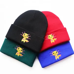 Cute Cartoon Axolotl Embroidered Beanie For Men Women Hip Hop Ribbed Knit Hat Warm Winter Skull Cap Outdoor Sport Wear