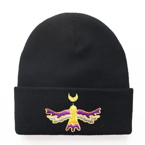 Moon Bird Embroidery Knitted Beanie Hat 100% Acrylic Winter Warm Cuffed Skull Cap For Men Women Outdoor Cycling Sports Hat