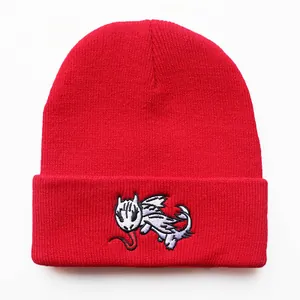 Bright red ribbed knit beanie with cute dragon embroidery for outdoor sports