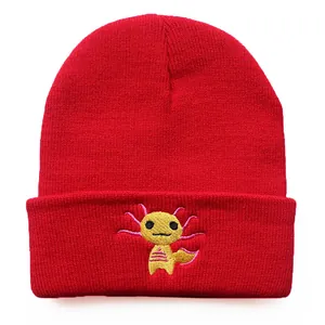 Red knit beanie hat for men and women featuring a cute yellow axolotl animal embroidery