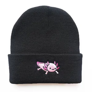 Black knit beanie featuring a pink cartoon axolotl embroidery on a white background