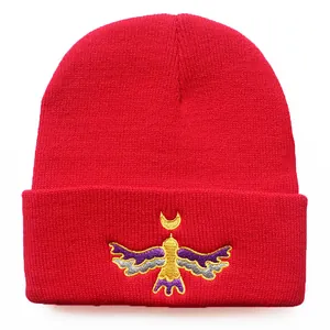 Red Moon Bird embroidered knit beanie for winter outdoor sports and warmth