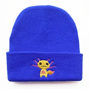 Blue knit beanie with a cute yellow axolotl cartoon embroidery and folded brim