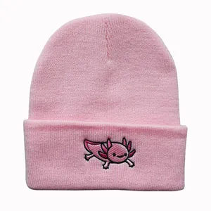 Pink knit beanie with cartoon axolotl embroidery on the front fold for outdoor wear
