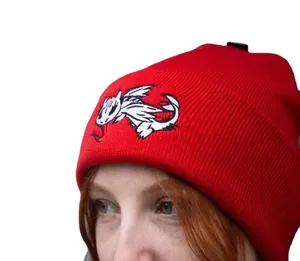 Red knit beanie with white cartoon dragon embroidery for outdoor sports and winter wear