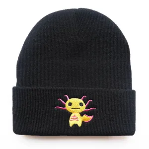 Black knitted beanie featuring a cute yellow Axolotl cartoon embroidery on the folded cuff