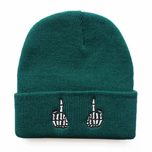 Nahaufnahme einer dunkelgrünen Strickmütze mit weißen Totenkopf-Stickereidetails