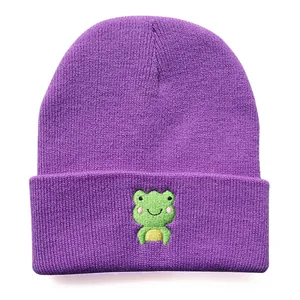 Dunkelviolette Strickmütze mit süßer grüner Frosch-Stickerei für Damen und Herren